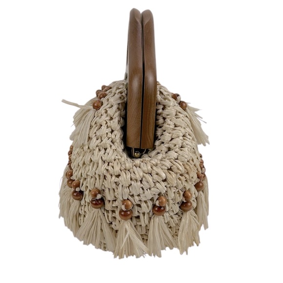 Vintage Handmade Japanese Raffia with Wooden Handle & Beaded detailing Bag Purse - Picture 5 of 10